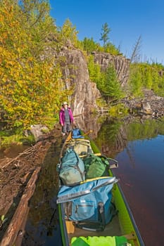 Canoe Finally Over the Beaver Dam on Muskeg Lake in the Boundary Waters in Minnesota