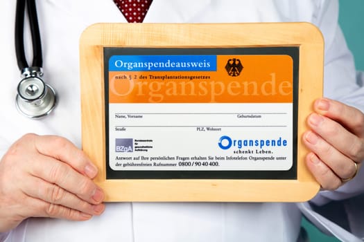 KOELN, GERMANY 2018-04-17 Organ Donation Card published by: Federal Center for Health Education (BZgA) in Germany