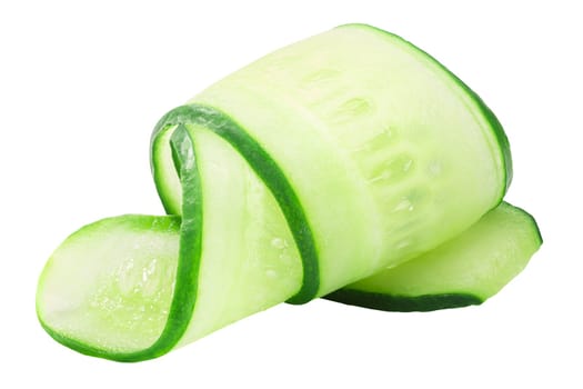 Cucumber curl, rolled up slice or shaving, isolated