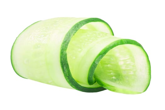 Cucumber curl, rolled up slice or shaving, isolated