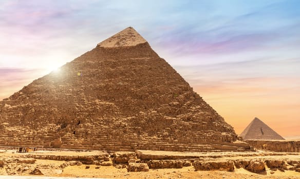 The Pyramid of Chephresn detailed view, sunny day in Giza.