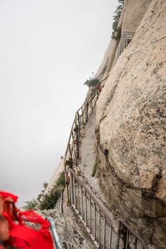 Dangerous and perilous Plank Walk trail closed for public access due to bad weather conditions, Huashan mountain, Xian, Shaanxi Province, China