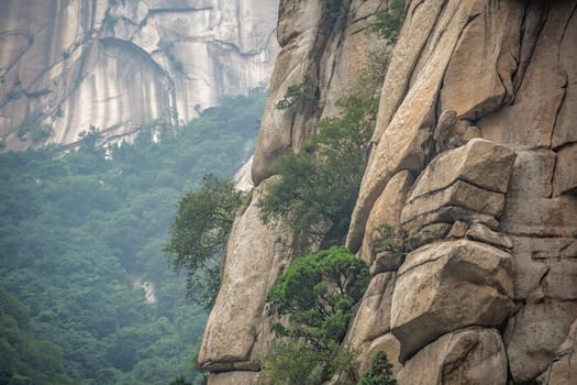 Close up of the rocky hillside of the inspiring, sacred and majestic Huashan mountain, famous tourist attractions, Shaanxi province, China