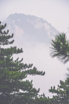 View of the peak covered in fog as seen from the trail to the North Peak summit of the inspiring, sacred and majestic Huashan mountain, famous tourist attraction, Shaanxi province, China