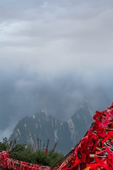 View of the stunning mountain landscape from the summit of West Peak on Huashan mountain, Xian, Shaanxi Province, China