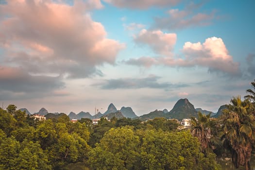 Summer landscape of Guilin town city with karst mountains in the background, Guangxi Province, China