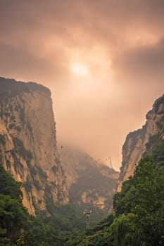 Huashan, China -  August 2019 : Cable car to the top of North Peak of the stunning Huashan Mountain, Shaanxi Province