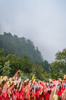 View of the forest and mountain landscape from the summit of south Peak on Huashan mountain, Xian, Shaanxi Province, China