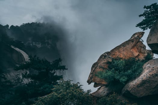 View of the stunning mountain landscape from the West Peak on Huashan mountain, Xian, Shaanxi Province, China