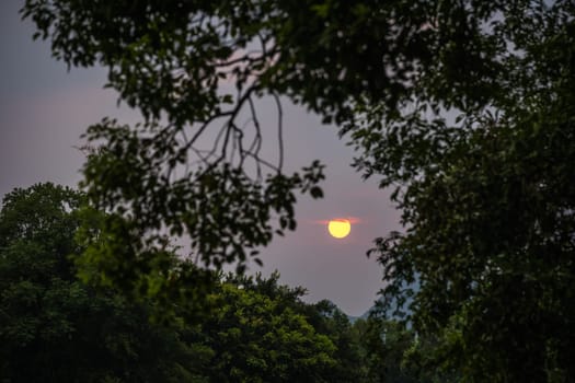 Sun setting over the karst mountains landscape and  Shan Lake, Guilin town, Guangxi Province, China