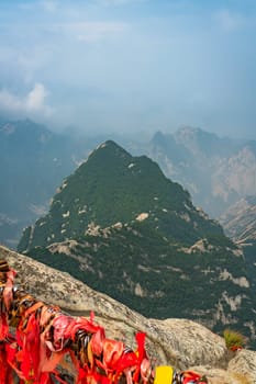 View of the stunning mountain landscape from the summit of West Peak on Huashan mountain, Xian, Shaanxi Province, China