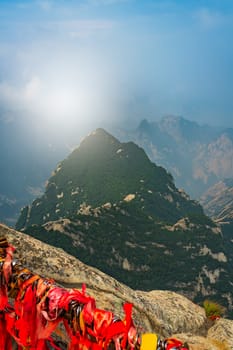 View of the stunning mountain landscape from the summit of West Peak on Huashan mountain, Xian, Shaanxi Province, China