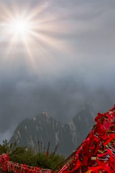 View of the stunning mountain landscape from the summit of West Peak on Huashan mountain, Xian, Shaanxi Province, China