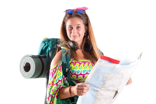 Hiker girl with backpack and map isolated in white, trekking and travel lifestyle concept