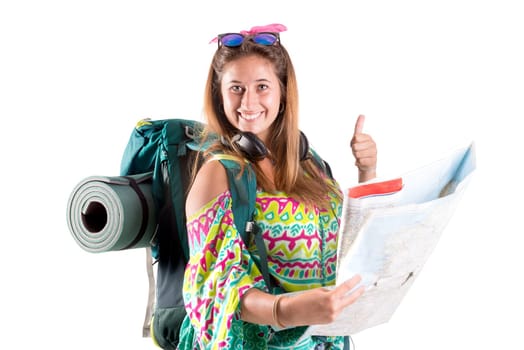 Hiker girl with backpack and map isolated in white, trekking and travel lifestyle concept