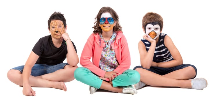 Children's group with animal face-paint isolated in white