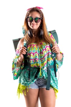 Happy hiker girl with backpack isolated in white, trekking and travel lifestyle concept