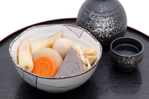Japanese food, Oden in a ceramic bowl on wooden tray