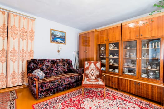 Russia, Moscow- July 08, 2019: interior room apartment. standard rustic country old house