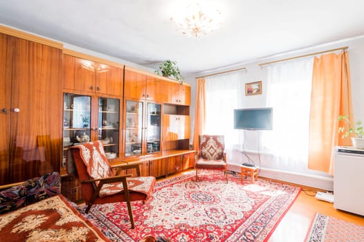 Russia, Moscow- July 08, 2019: interior room apartment. standard rustic country old house