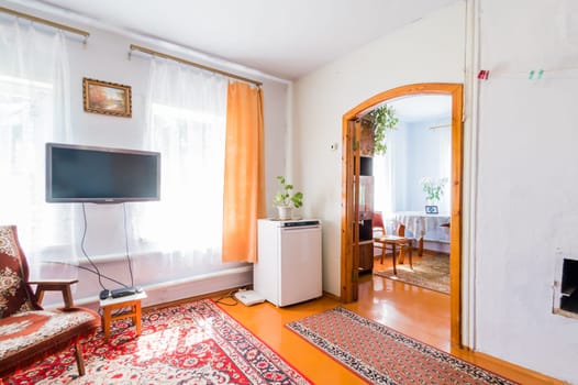 Russia, Moscow- July 08, 2019: interior room apartment. standard rustic country old house