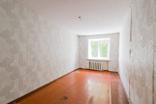 Russia, Moscow- July 08, 2019: interior room apartment. standard repair decoration in hostel. old not modern decor