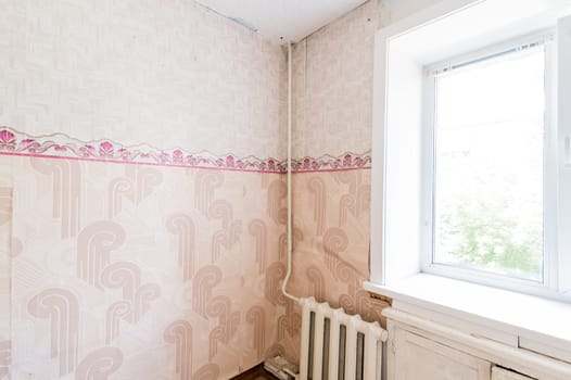Russia, Moscow- July 08, 2019: interior room apartment. standard repair decoration in hostel. old not modern decor
