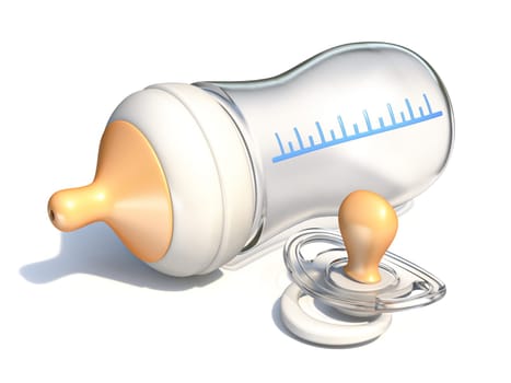 Baby bottle and pacifier 3D render illustration isolated on white background