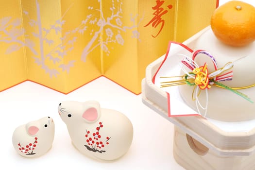 Dolls of Nezumi Mouse. Japanese new year card. Japanese new year Mouse object. Japanese word of this photography means "celebration or congraturations"""
