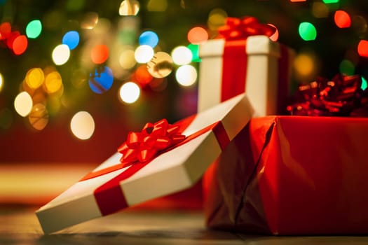 gift boxes with ribbon and bow on holiday lights background