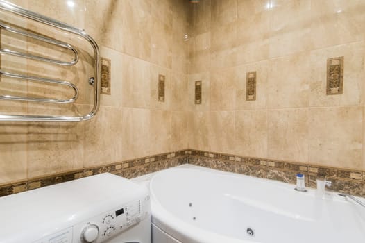 Russia, Moscow- July 16, 2019: interior room apartment. standard repair decoration in hostel. bathroom, sink, decoration elements, toilet