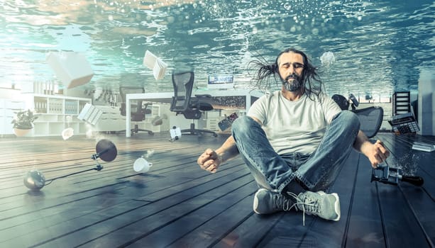 man sitting underwater who relaxes in a yoga position. Office completely flooded. Concept of problems and calm.