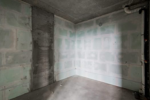 Russia, Moscow- July 16, 2019: interior room. rough repair for self-finishing. interior decoration, bare walls of the room, stage of construction