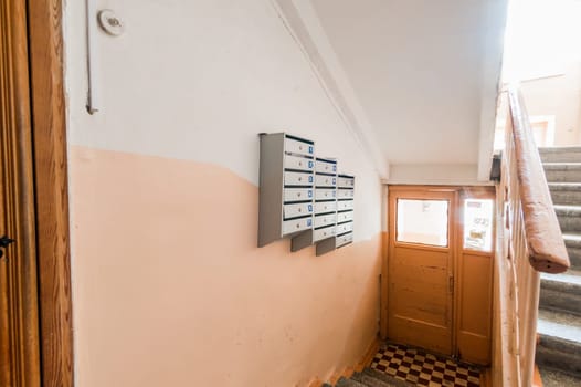 Russia, Moscow- July 16, 2019: interior room apartment. standard repair decoration in hostel. public place, staircase