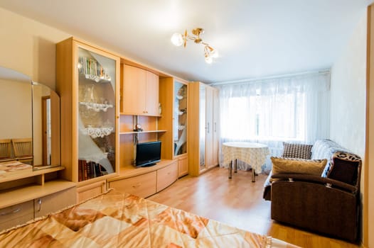Russia, Moscow- July 16, 2019: interior room apartment. standard repair decoration in hostel