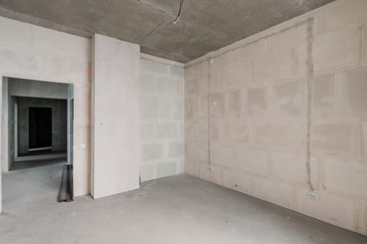 Russia, Moscow- July 16, 2019: interior room. rough repair for self-finishing. interior decoration, bare walls of the room, stage of construction