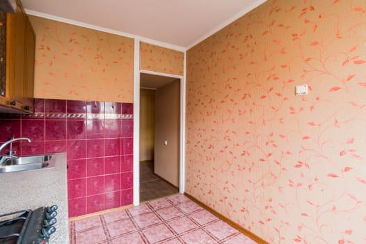 Russia, Moscow- July 16, 2019: interior room apartment. standard repair decoration in hostel. kitchen, dining area