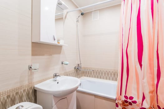 Russia, Moscow- July 16, 2019: interior room apartment. standard repair decoration in hostel. bathroom and toilet