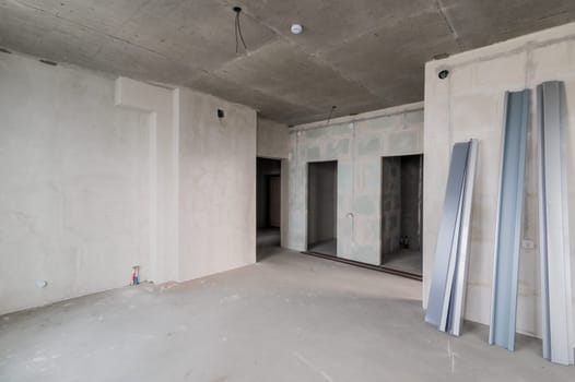 Russia, Moscow- July 16, 2019: interior room. rough repair for self-finishing. interior decoration, bare walls of the room, stage of construction
