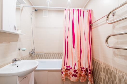 Russia, Moscow- July 16, 2019: interior room apartment. standard repair decoration in hostel. bathroom and toilet