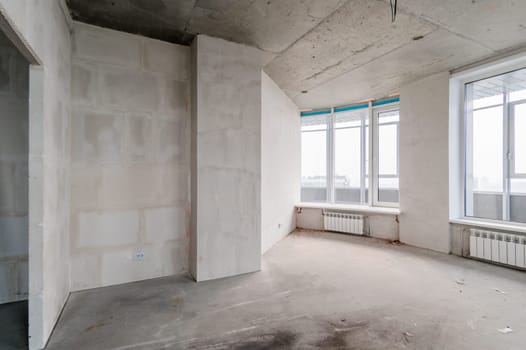 Russia, Moscow- July 16, 2019: interior room. rough repair for self-finishing. interior decoration, bare walls of the room, stage of construction