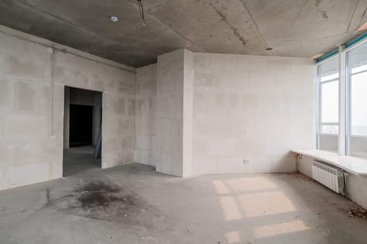 Russia, Moscow- July 16, 2019: interior room. rough repair for self-finishing. interior decoration, bare walls of the room, stage of construction