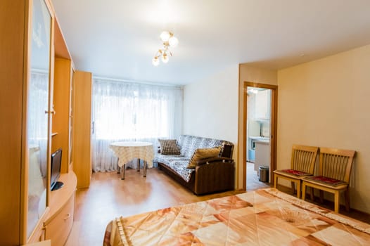 Russia, Moscow- July 16, 2019: interior room apartment. standard repair decoration in hostel