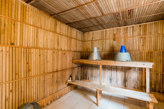 Russia, Moscow- July 16, 2019: interior room apartment. standard repair decoration in hostel. bathhouse, sauna