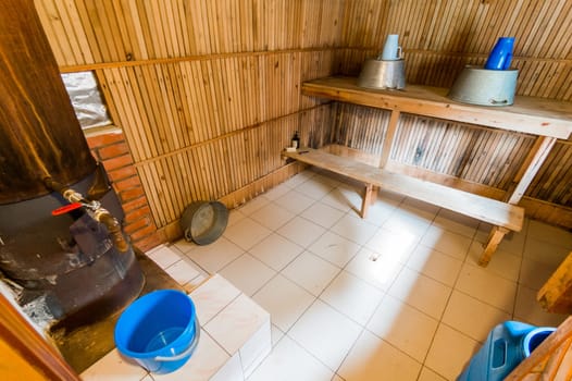 Russia, Moscow- July 16, 2019: interior room apartment. standard repair decoration in hostel. bathhouse, sauna