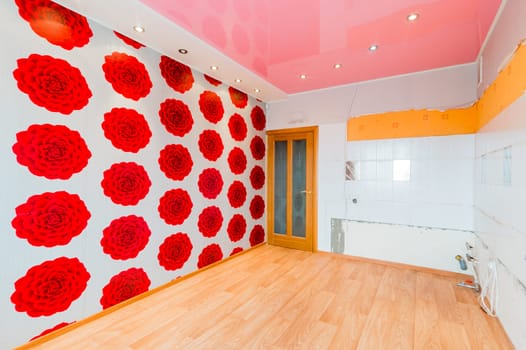 Russia, Moscow- July 16, 2019: interior room apartment. standard repair decoration in hostel. bright empty room without furniture