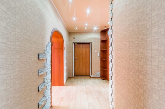 Russia, Moscow- July 16, 2019: interior room apartment. standard repair decoration in hostel. room doors, repair corridor