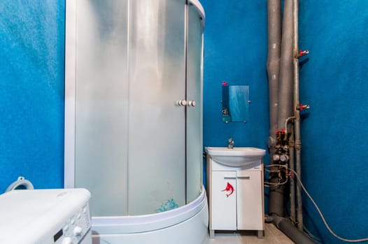 Russia, Moscow- July 16, 2019: interior room apartment. standard repair decoration in hostel. bathroom and toilet