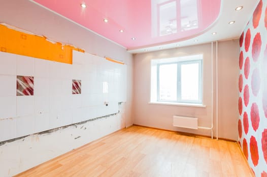 Russia, Moscow- July 16, 2019: interior room apartment. standard repair decoration in hostel. bright empty room without furniture