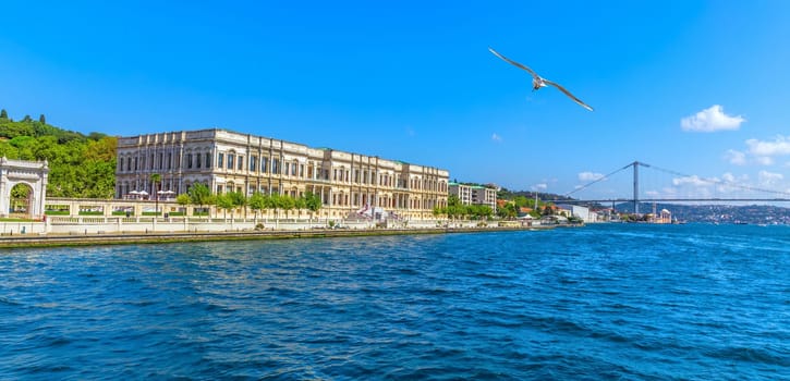 Dolmabahce Palace on the coast of the Bosphorus, Istanbul panorama.